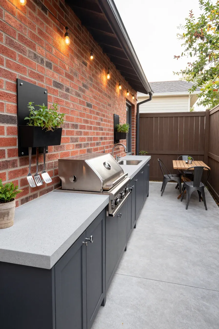 A narrow back porch featuring a linear I-shaped outdoor kitchen with a grill and sink.