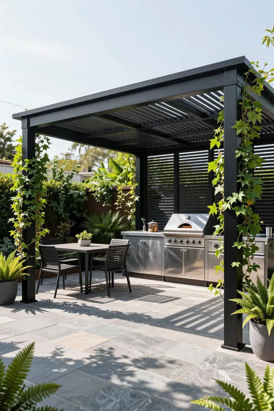 A black louvered pergola over an outdoor kitchen area with a pizza oven on a stone patio.