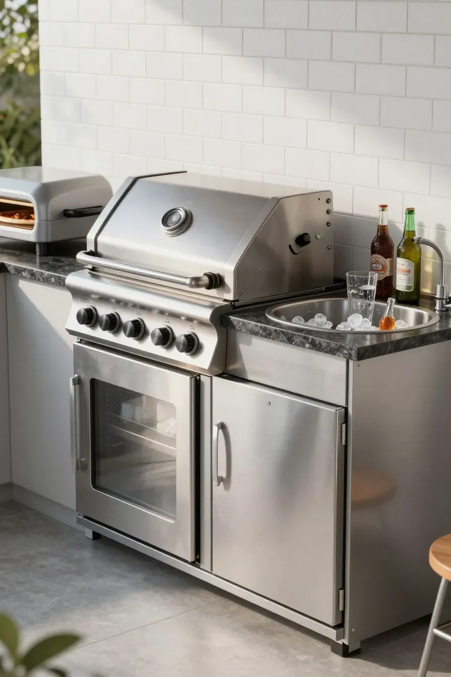 A compact outdoor kitchen featuring a two-burner grill and a small beverage refrigerator.