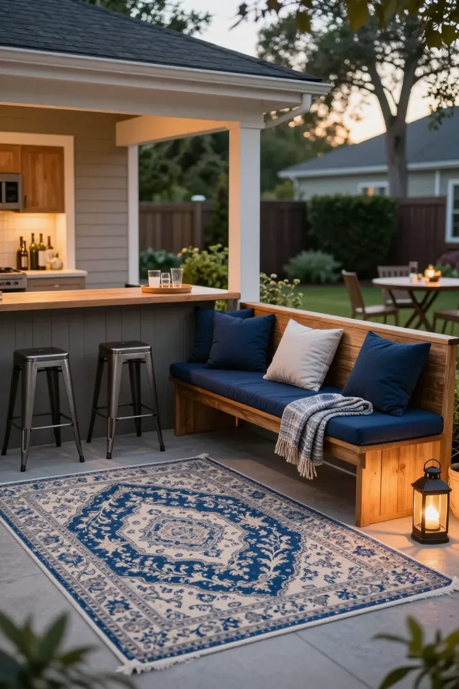 A small back porch with built-in bench seating, bar stools, and a blue outdoor rug.