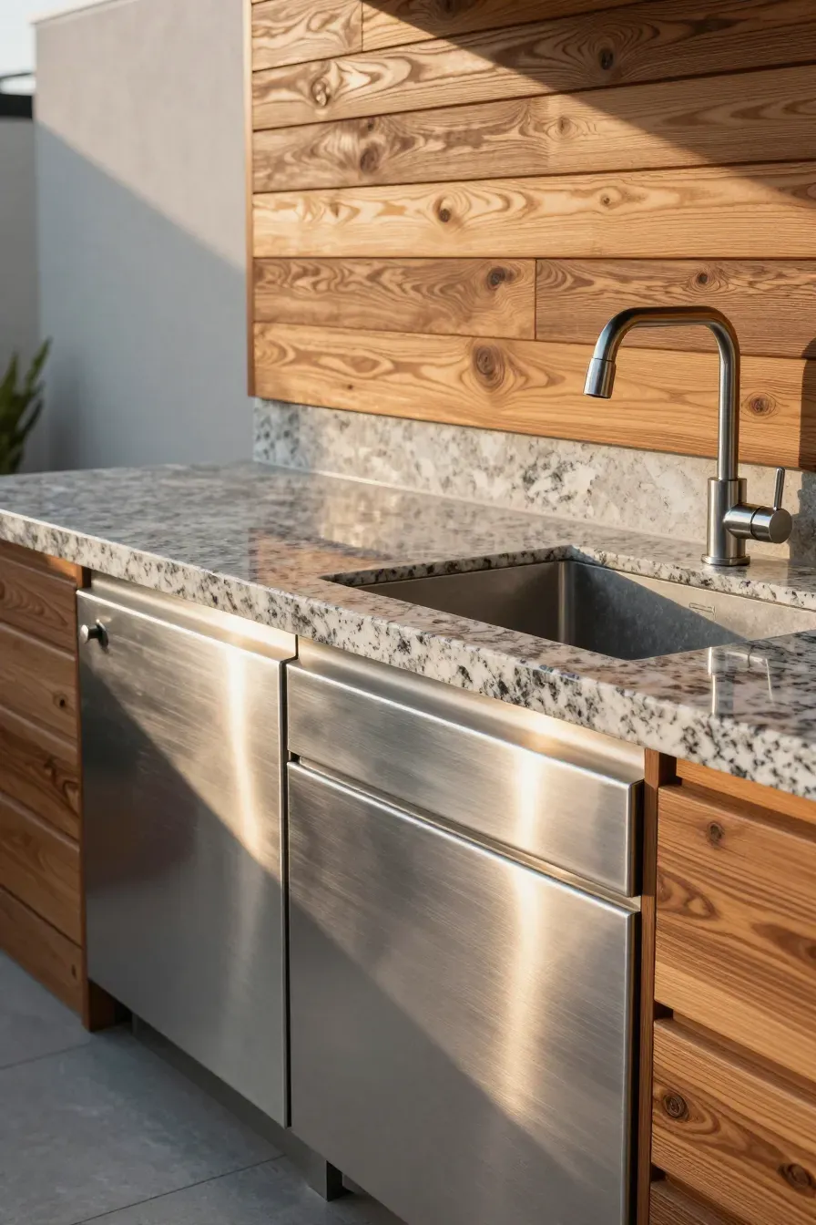 A close-up of durable outdoor kitchen materials including granite countertops and teak wood.