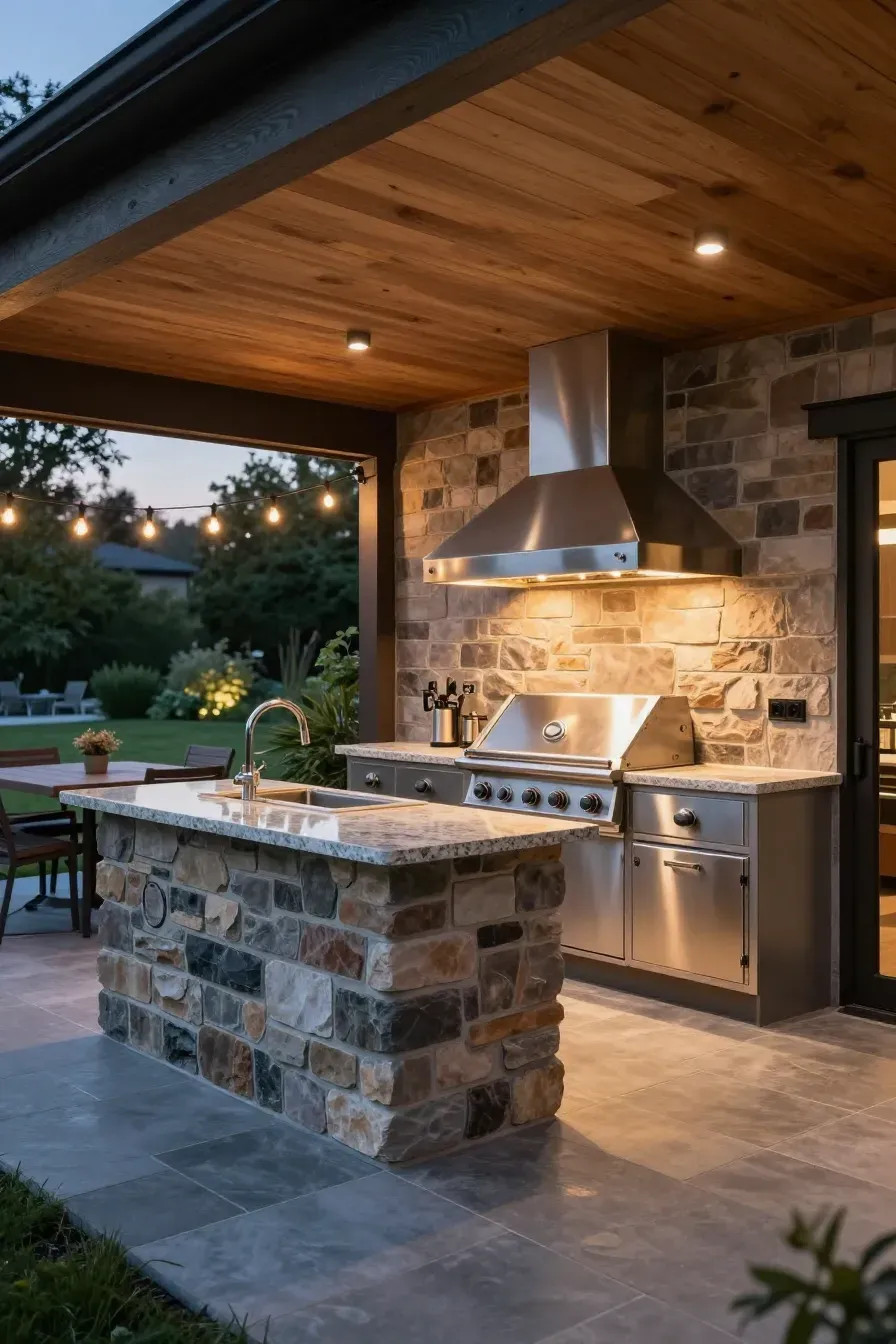 A luxury small covered porch featuring a stone outdoor kitchen with a vent hood and LED lighting.