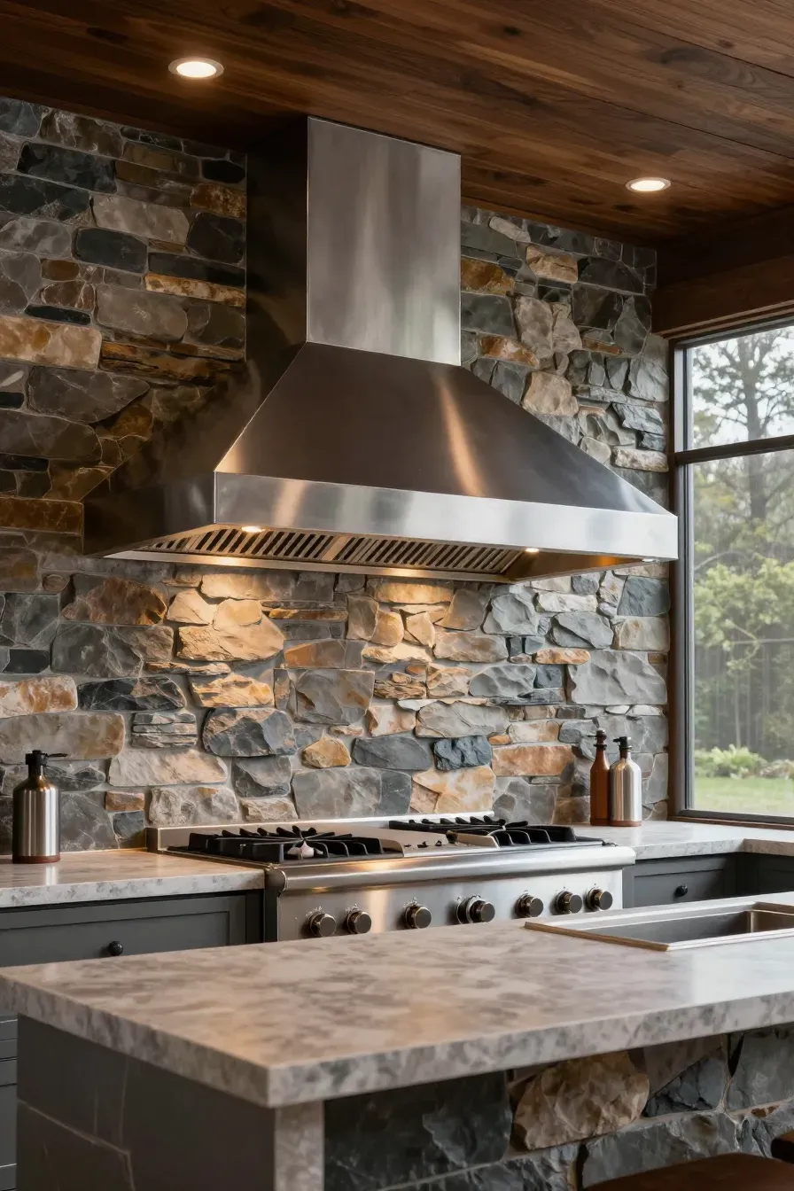 A professional stainless steel vent hood over a grill with a stone backsplash on a screened porch.