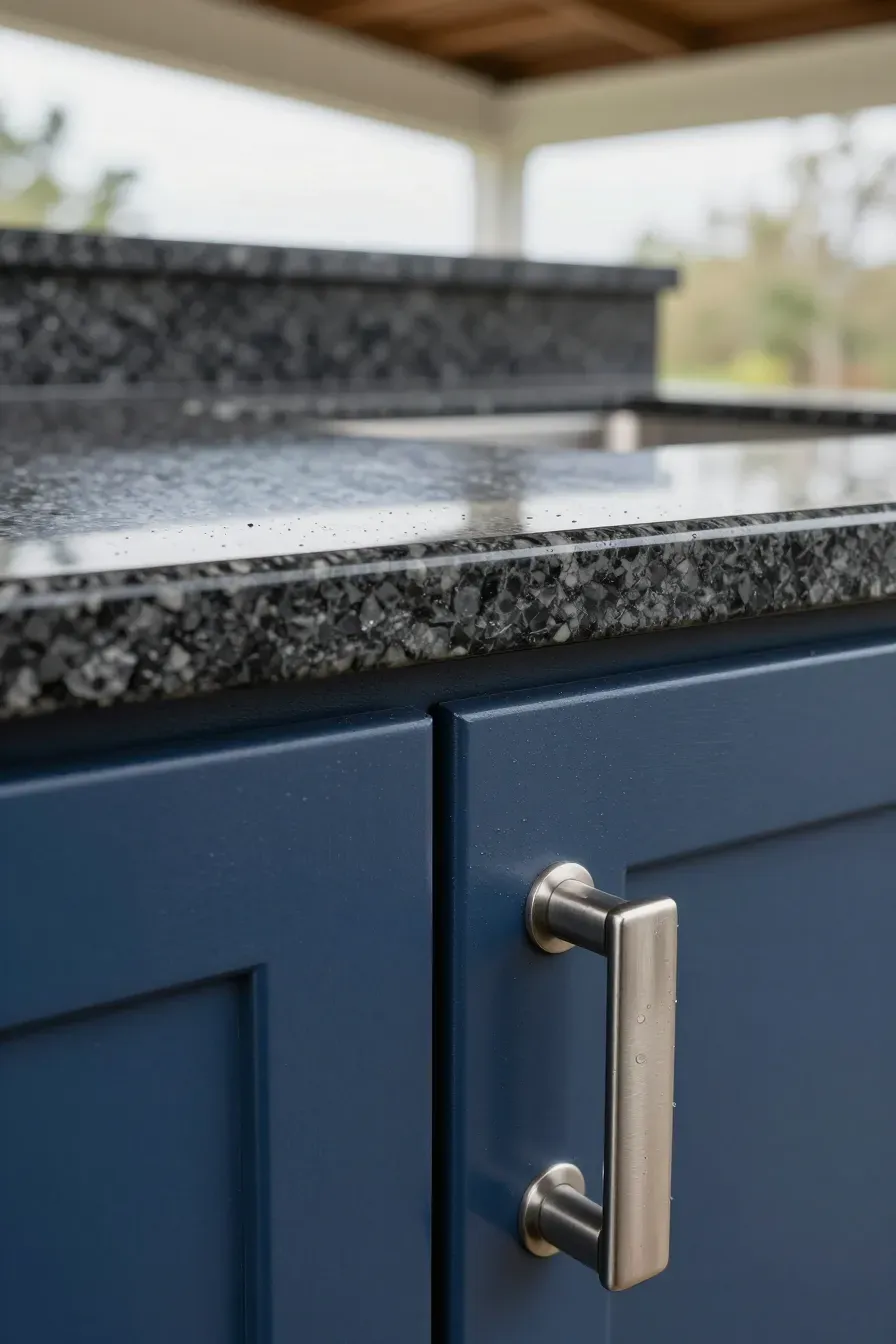 Close-up of a granite countertop and navy blue weather-resistant cabinets in an outdoor kitchen.