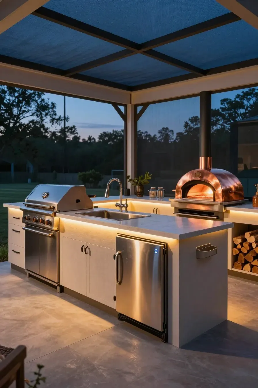 A full outdoor kitchen with a grill, pizza oven, and sink inside a screened-in porch at night.
