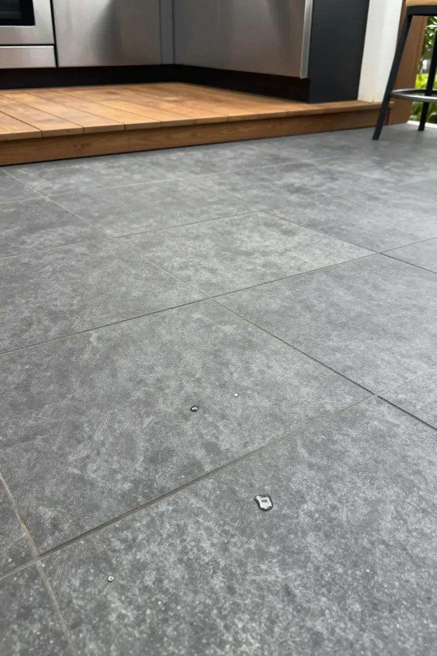 Low-angle view of charcoal gray porcelain tile flooring in a screened-in outdoor kitchen.