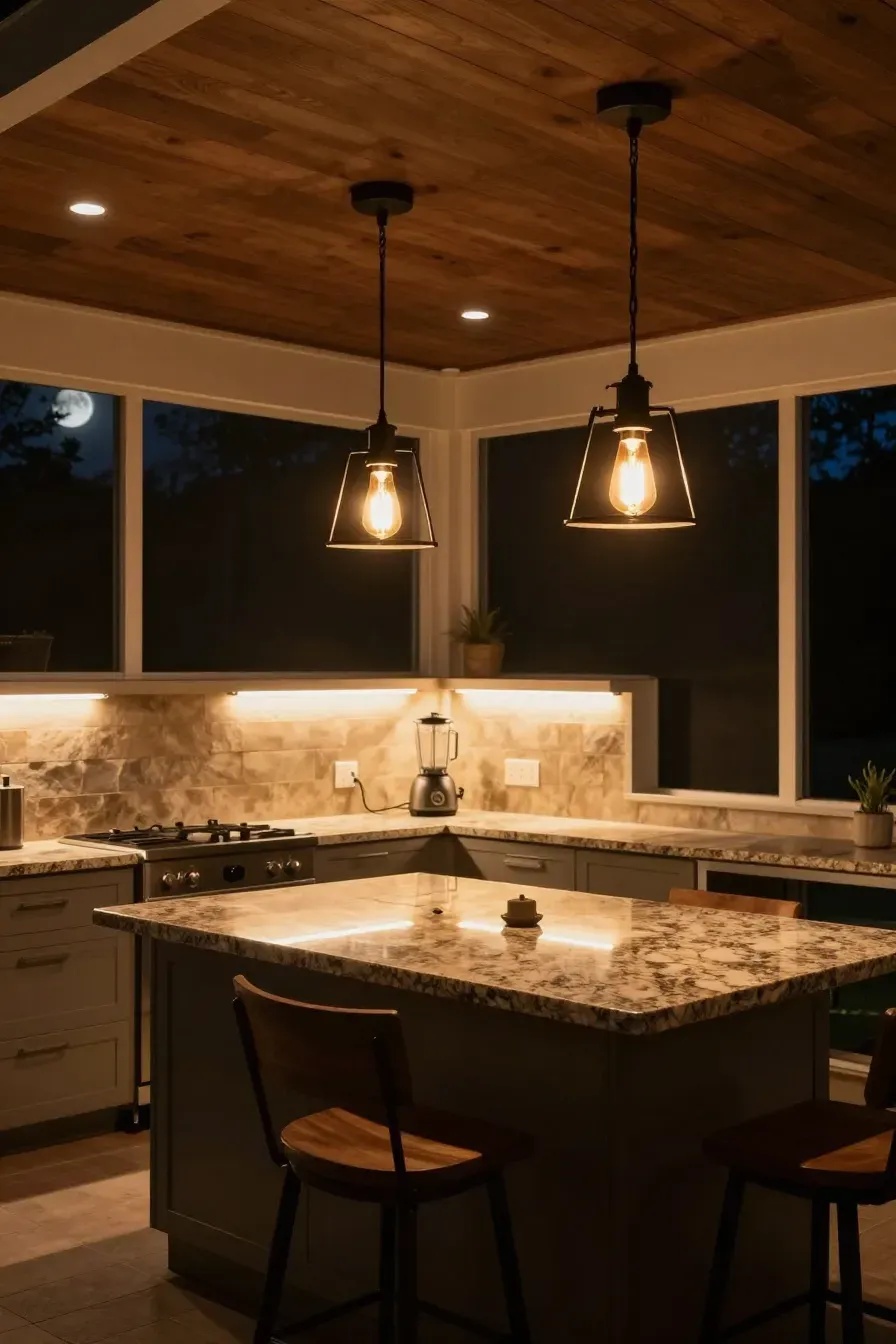 A screened-in outdoor kitchen at night with warm pendant lights and LED under-cabinet lighting.