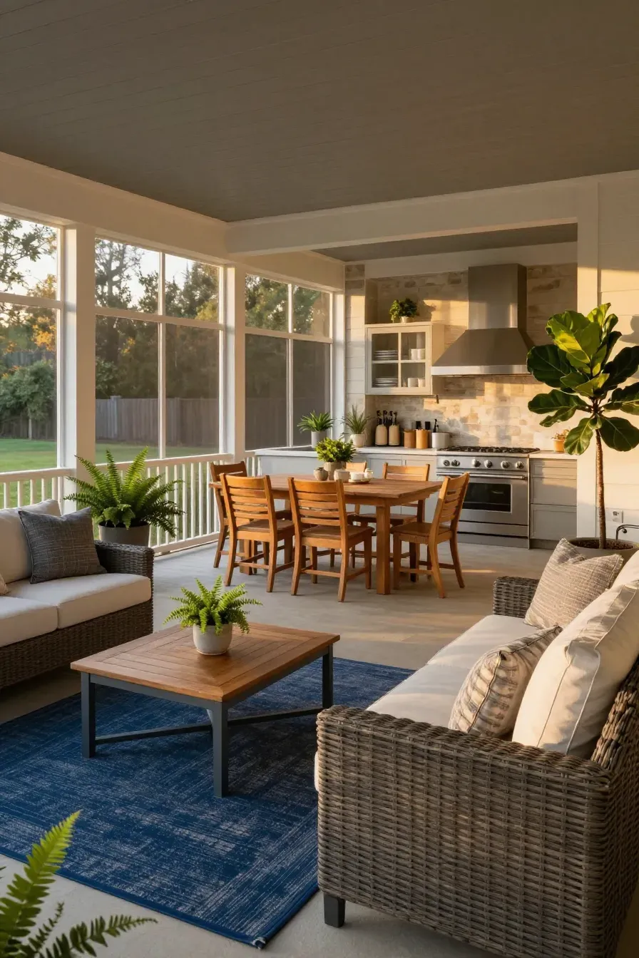A large screened-in porch featuring a lounge area with a sofa, a dining table, and an outdoor kitchen.