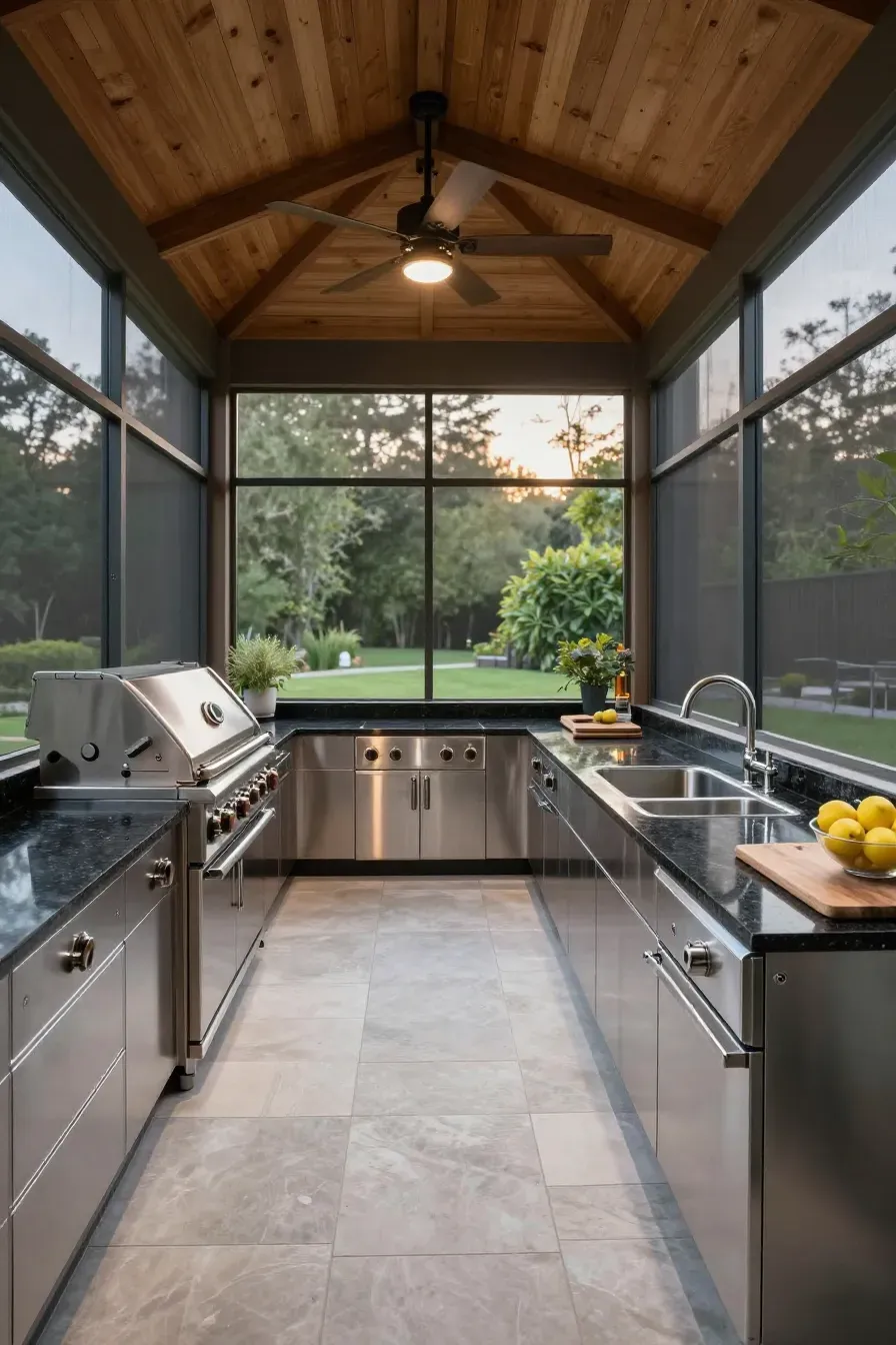 A clean, modern outdoor kitchen with stainless steel appliances inside a screened-in porch.