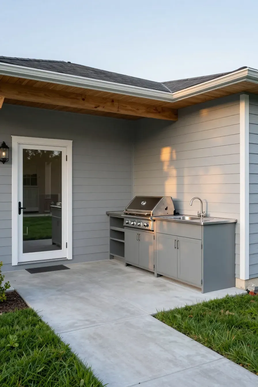 A functional outdoor kitchen built against a house wall on a concrete patio near the back door.