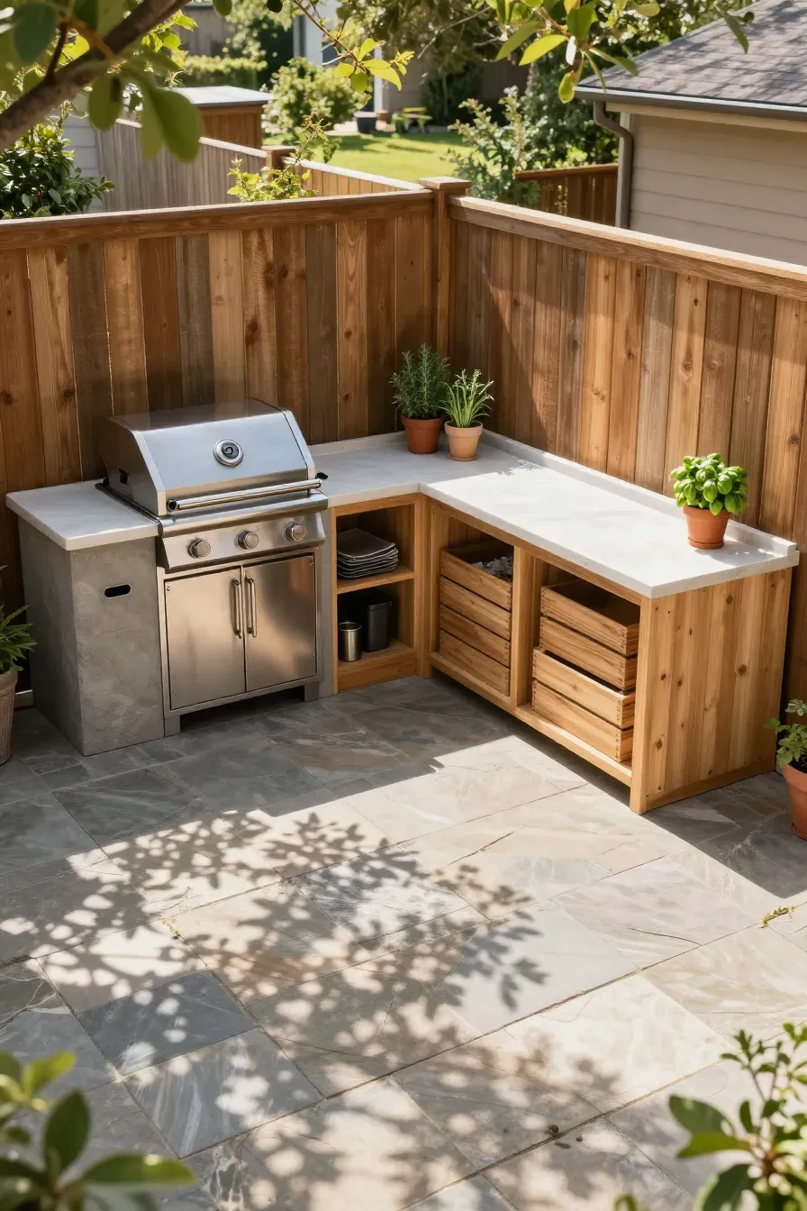 An efficient L-shaped outdoor kitchen layout on a small stone patio with a grill and prep space.