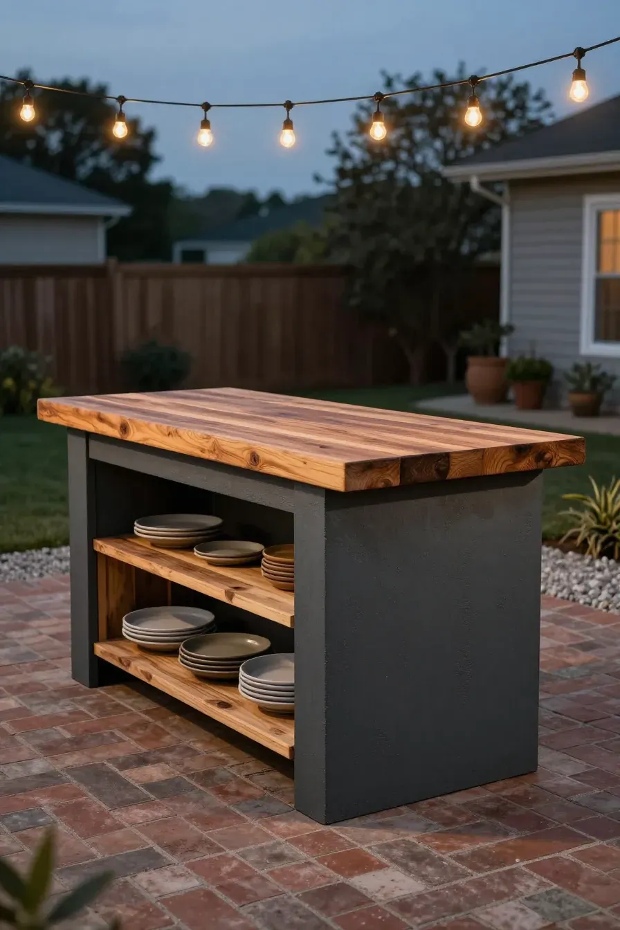 A DIY outdoor kitchen island made of gray cement board and a cedar wood top on a brick patio.