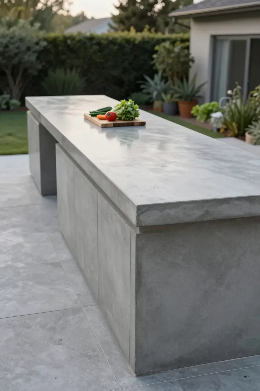 A long, smooth poured concrete countertop on a modern outdoor kitchen island.