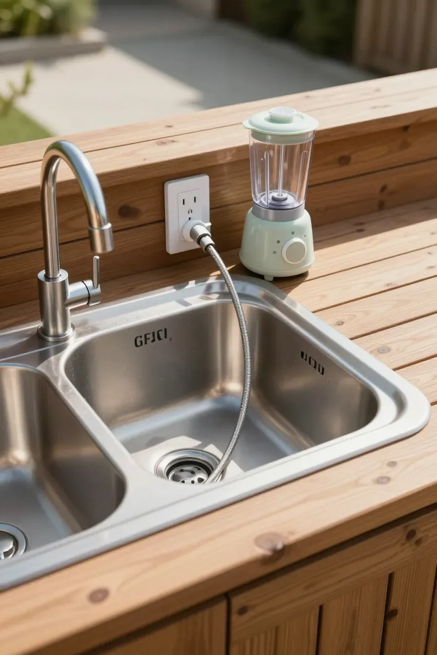 An outdoor kitchen sink with a garden hose connection and a weatherproof electrical outlet.