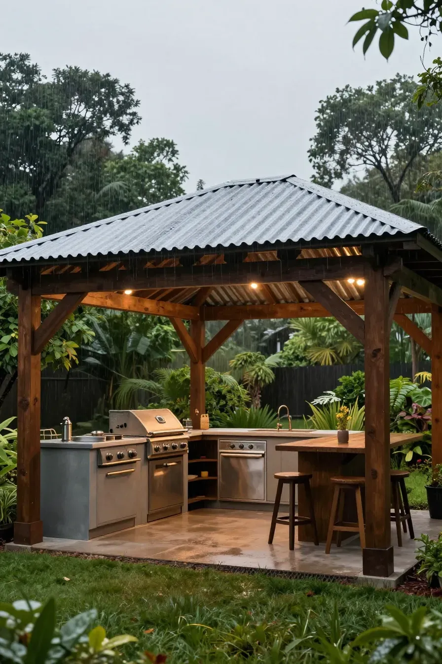 An outdoor kitchen protected by a wooden pergola with a corrugated metal roof during a light rain.