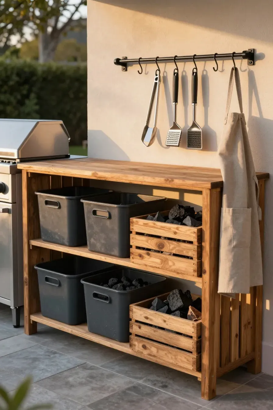 Outdoor kitchen storage featuring wooden crates, plastic bins, and hanging tools on an island.