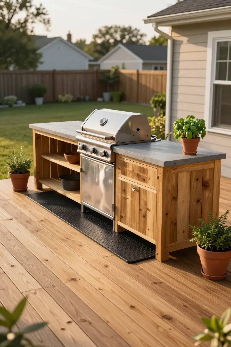 A functional DIY outdoor kitchen with a grill and wood-framed island on a sunny cedar deck.