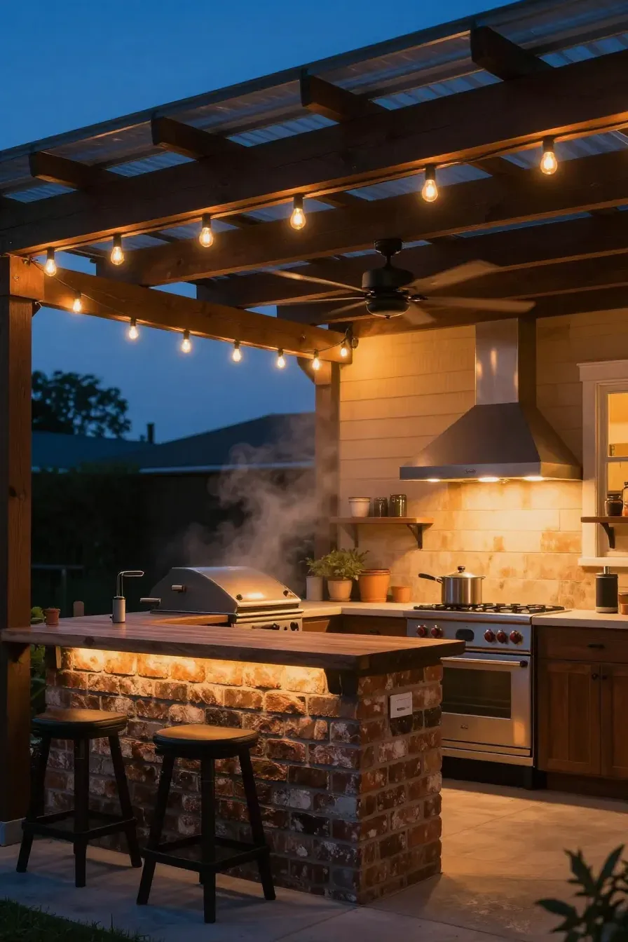 A covered patio kitchen at night with glowing string lights and an overhead ceiling fan.