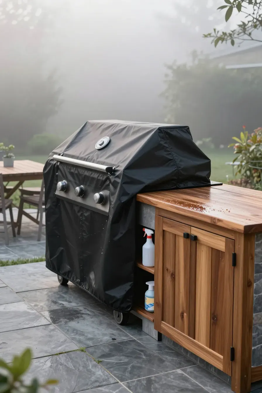 A clean outdoor kitchen with a covered grill and freshly sealed wood countertops on a stone patio.