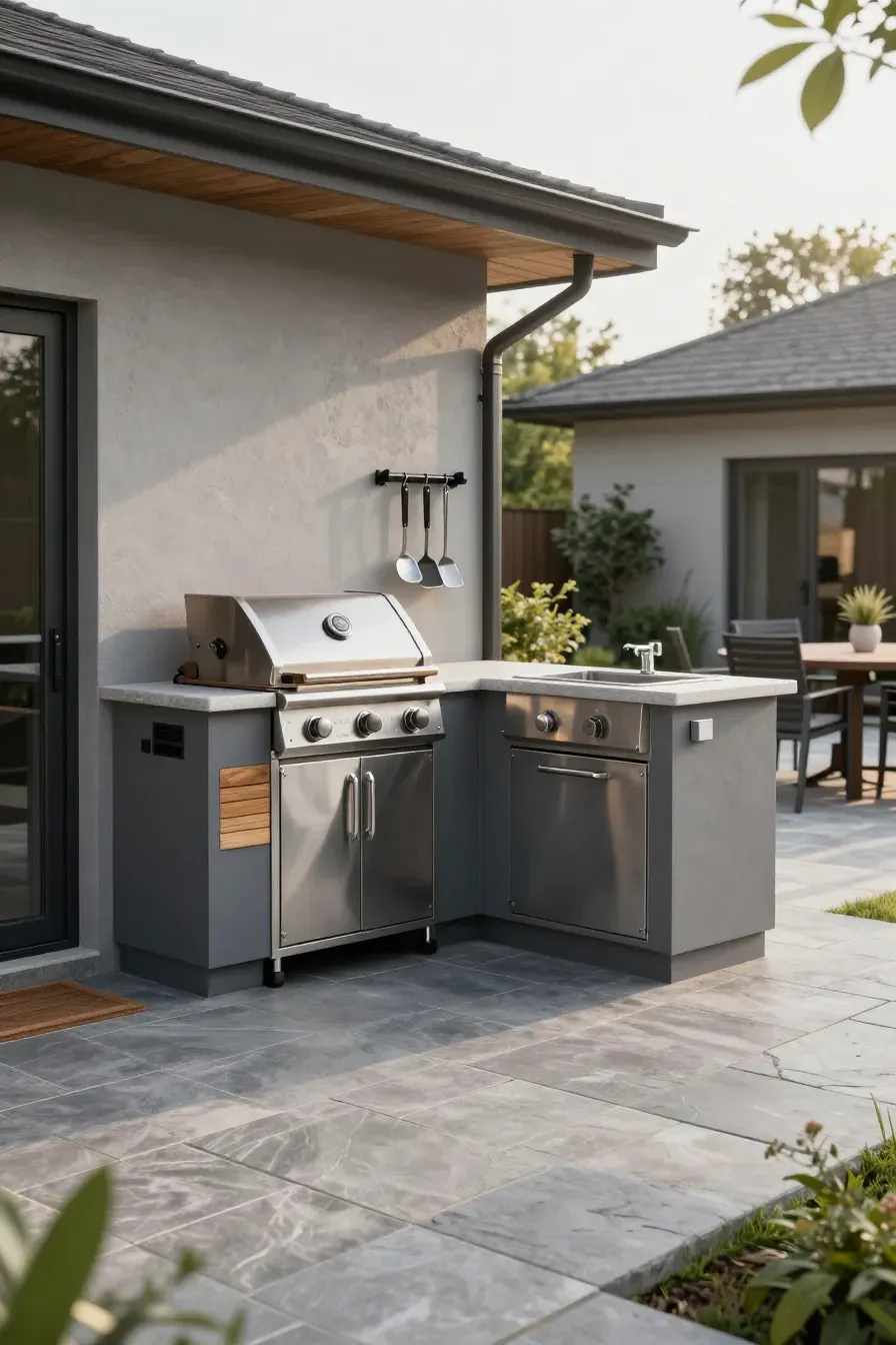 A compact L-shaped outdoor kitchen on a stone patio with a grill, sink, and vertical tool storage.