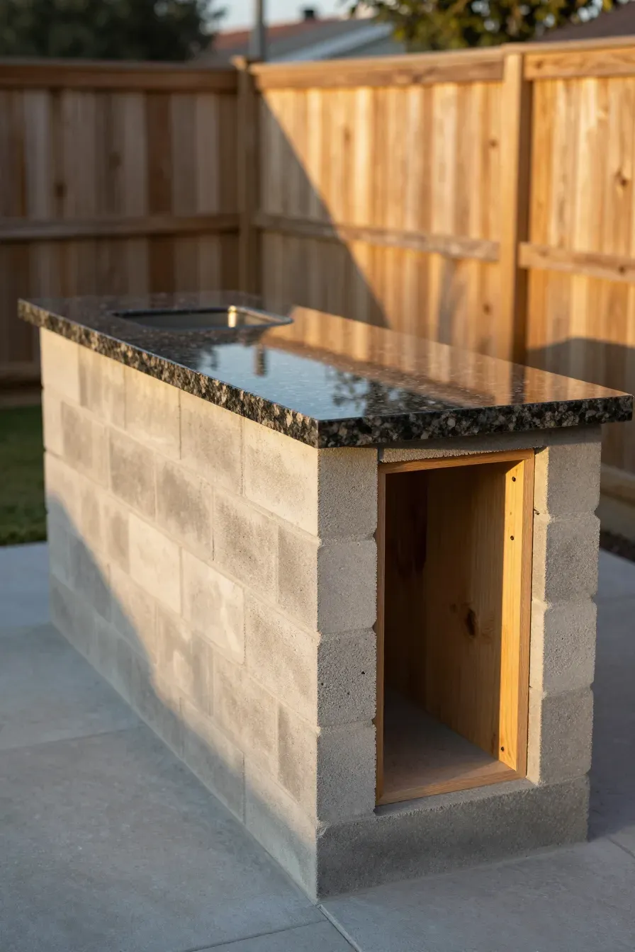 A DIY outdoor kitchen island made of gray stucco blocks and a dark granite remnant countertop.