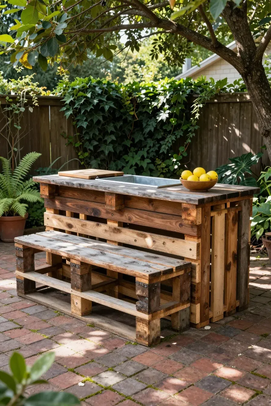 A rustic outdoor kitchen island built from repurposed wooden pallets and a vintage potting bench.