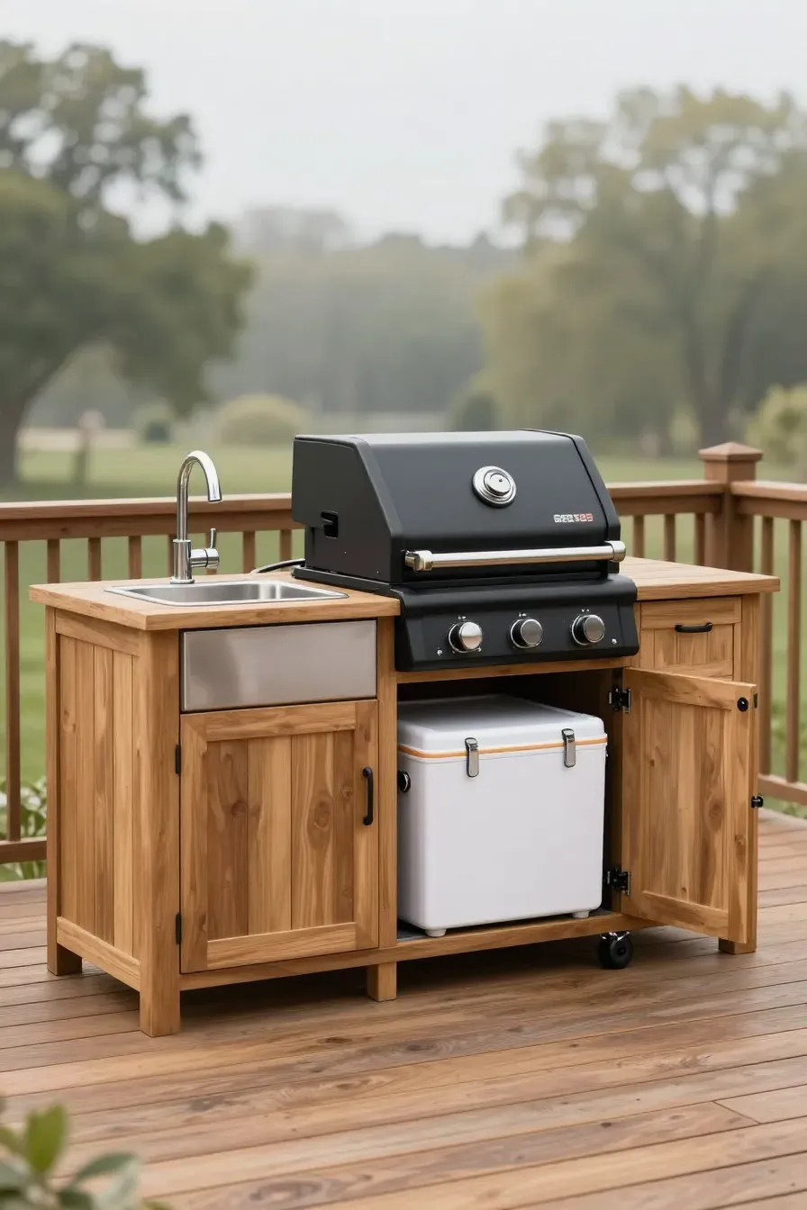 A freestanding gas grill and small sink integrated into a custom wooden outdoor kitchen cabinet.