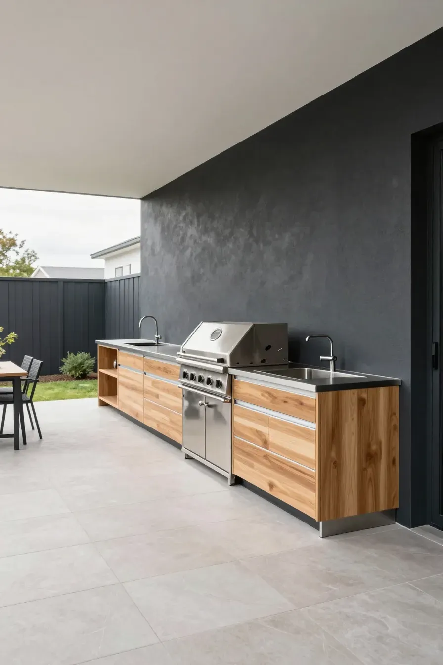 A streamlined linear outdoor kitchen layout against a wall on a narrow modern patio.