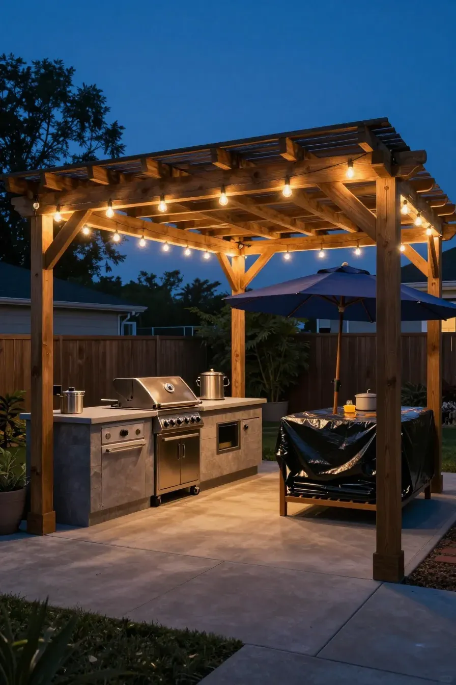 An outdoor kitchen under a wooden pergola with glowing solar string lights at twilight.
