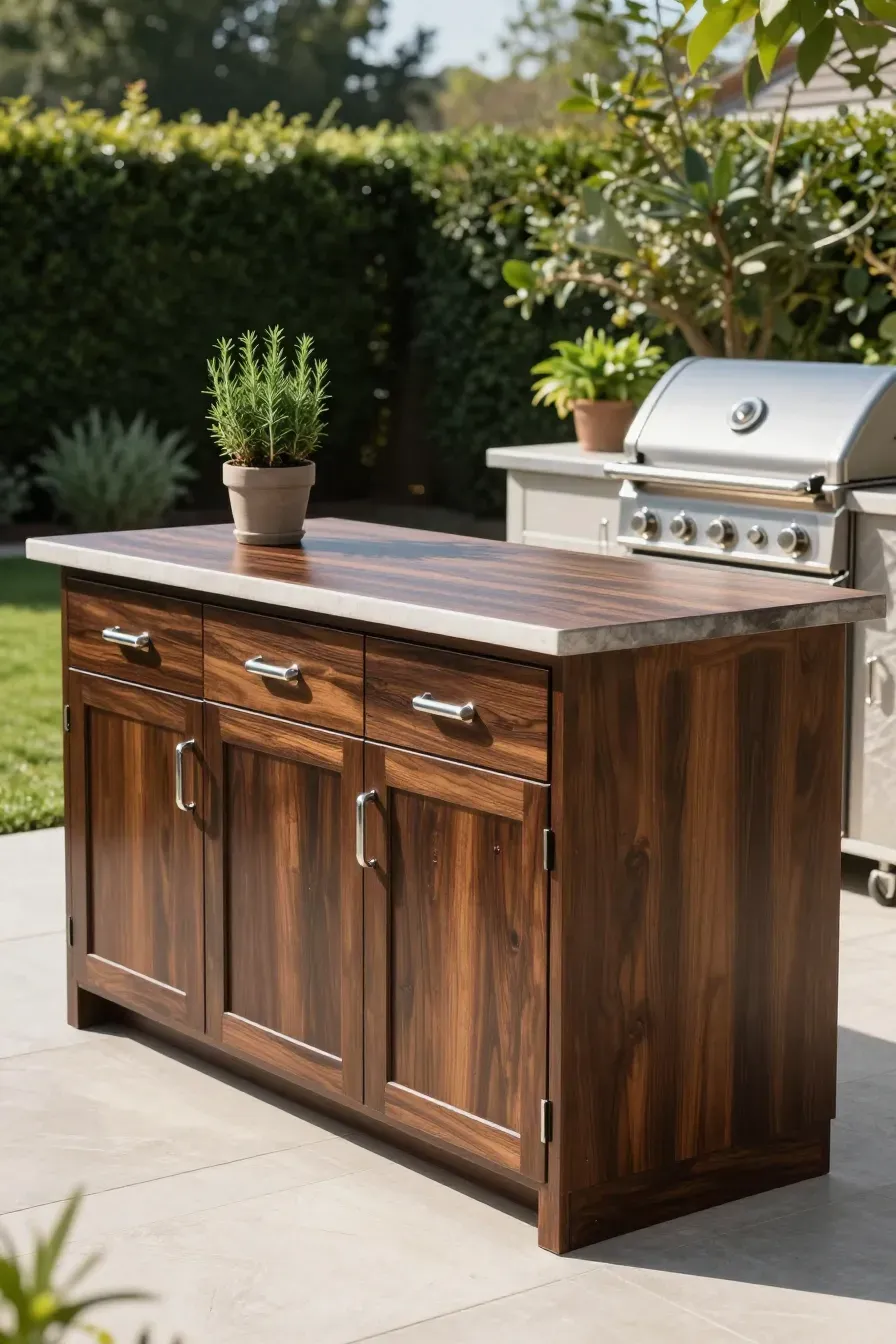 A finished DIY outdoor kitchen with dark stained wood cabinets and stainless steel hardware.