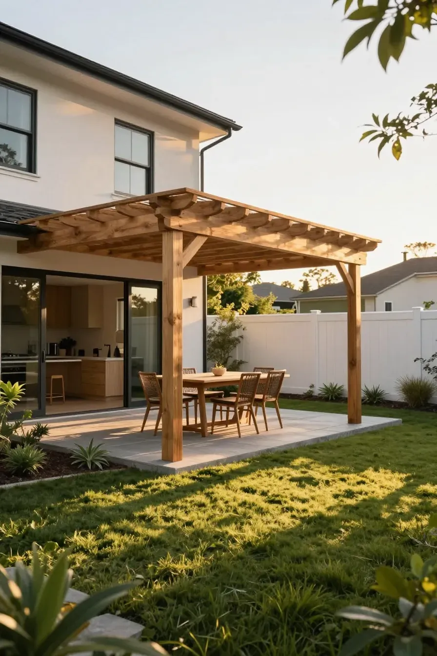 A wooden pergola placed on a stone patio in a sunny backyard corner near a modern house.