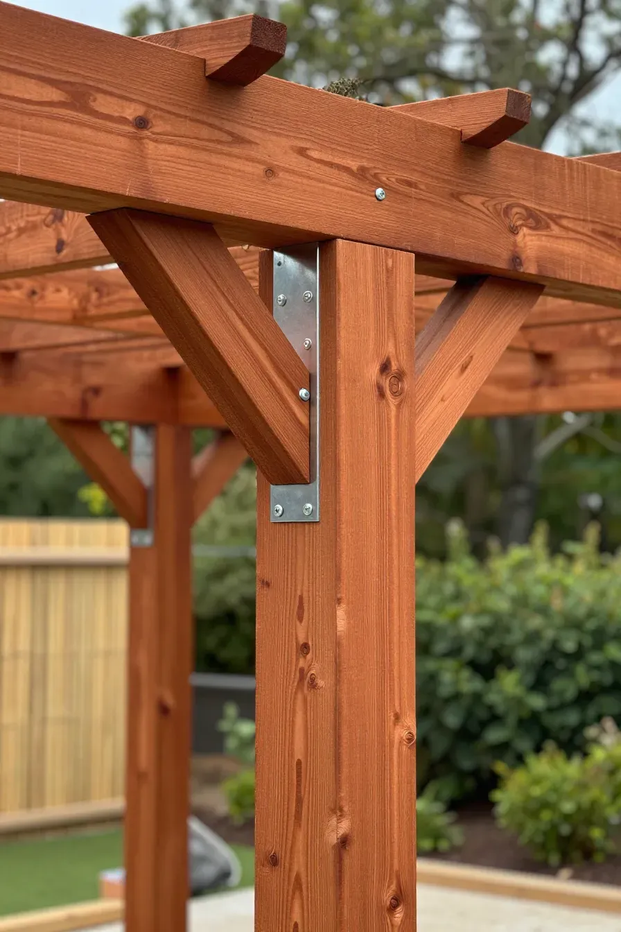 Close-up of thick red cedar beams and stainless steel hardware on a garden pergola.
