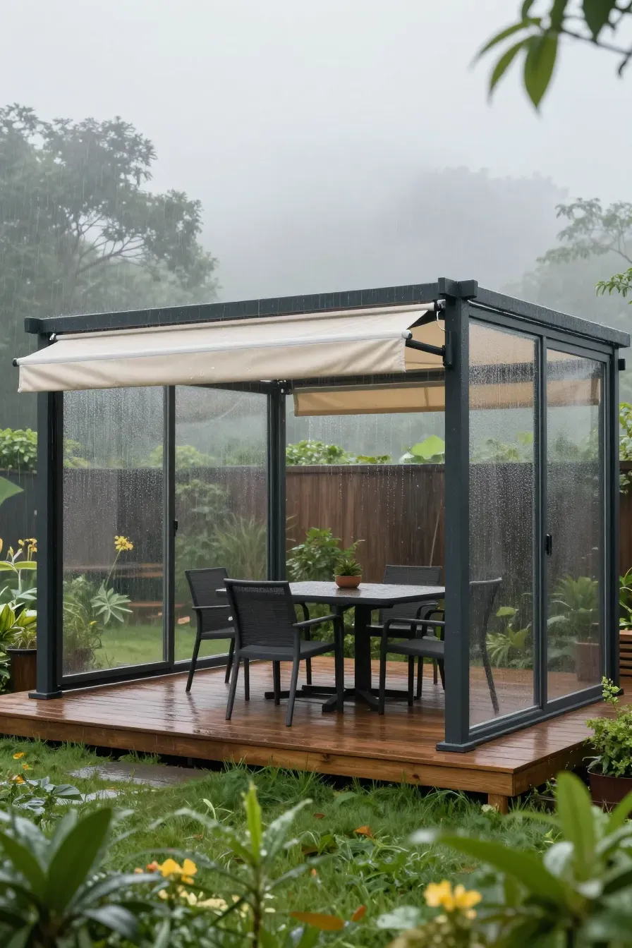 A garden pergola with a retractable fabric canopy and clear roof panels during a light mist.