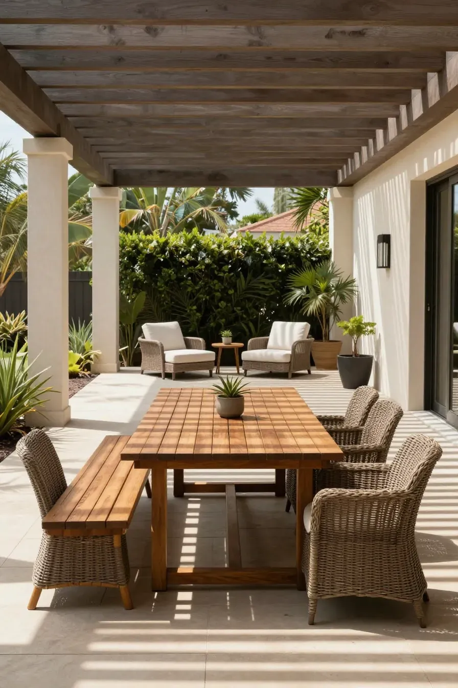 A well-arranged garden dining area under a pergola with a table, chairs, and a separate lounge corner.
