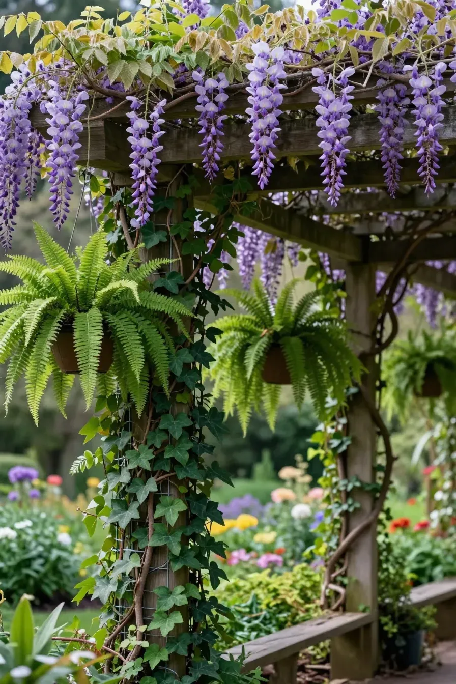 Purple wisteria and green vines climbing a wooden pergola with hanging ferns.