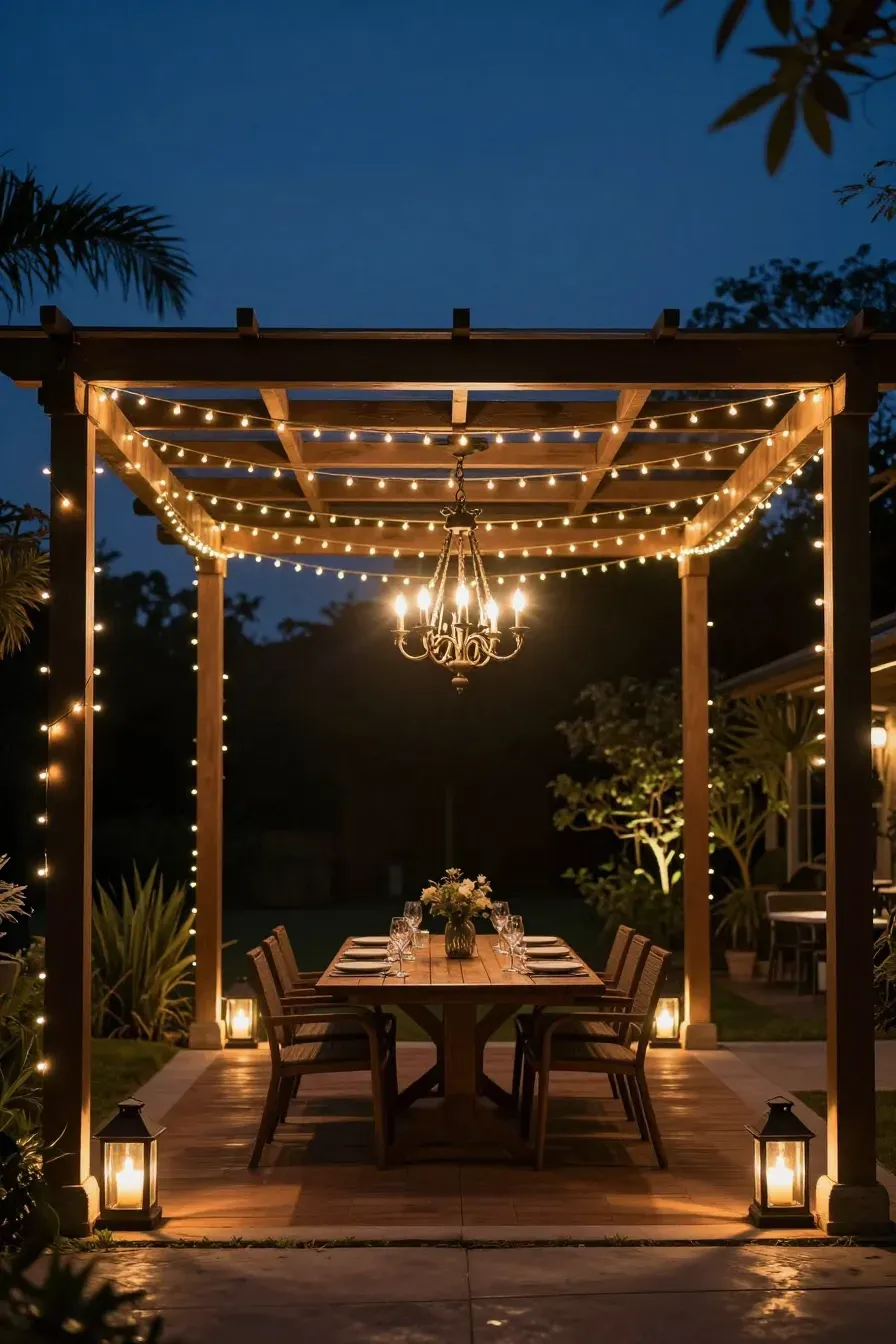 A pergola at night lit with warm string lights and a central chandelier over a dining table.