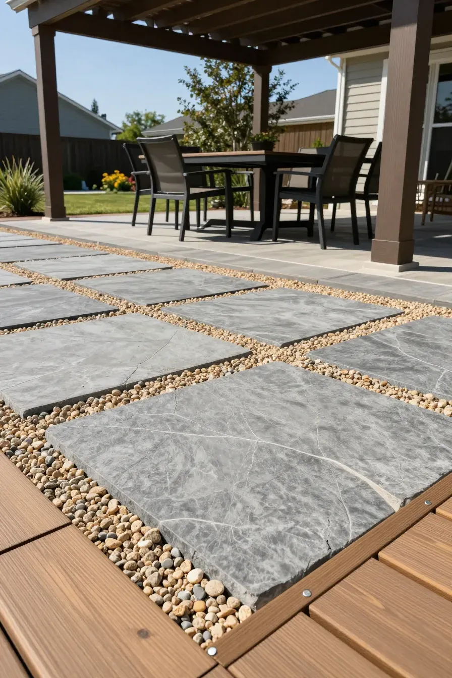 A dining area under a pergola featuring flagstone and pea gravel flooring.