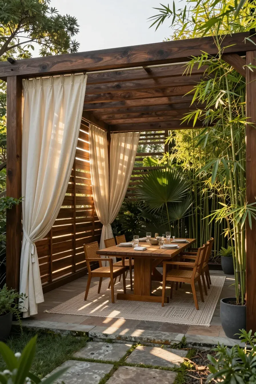A private garden dining area under a wooden pergola with outdoor curtains and cedar slat walls.