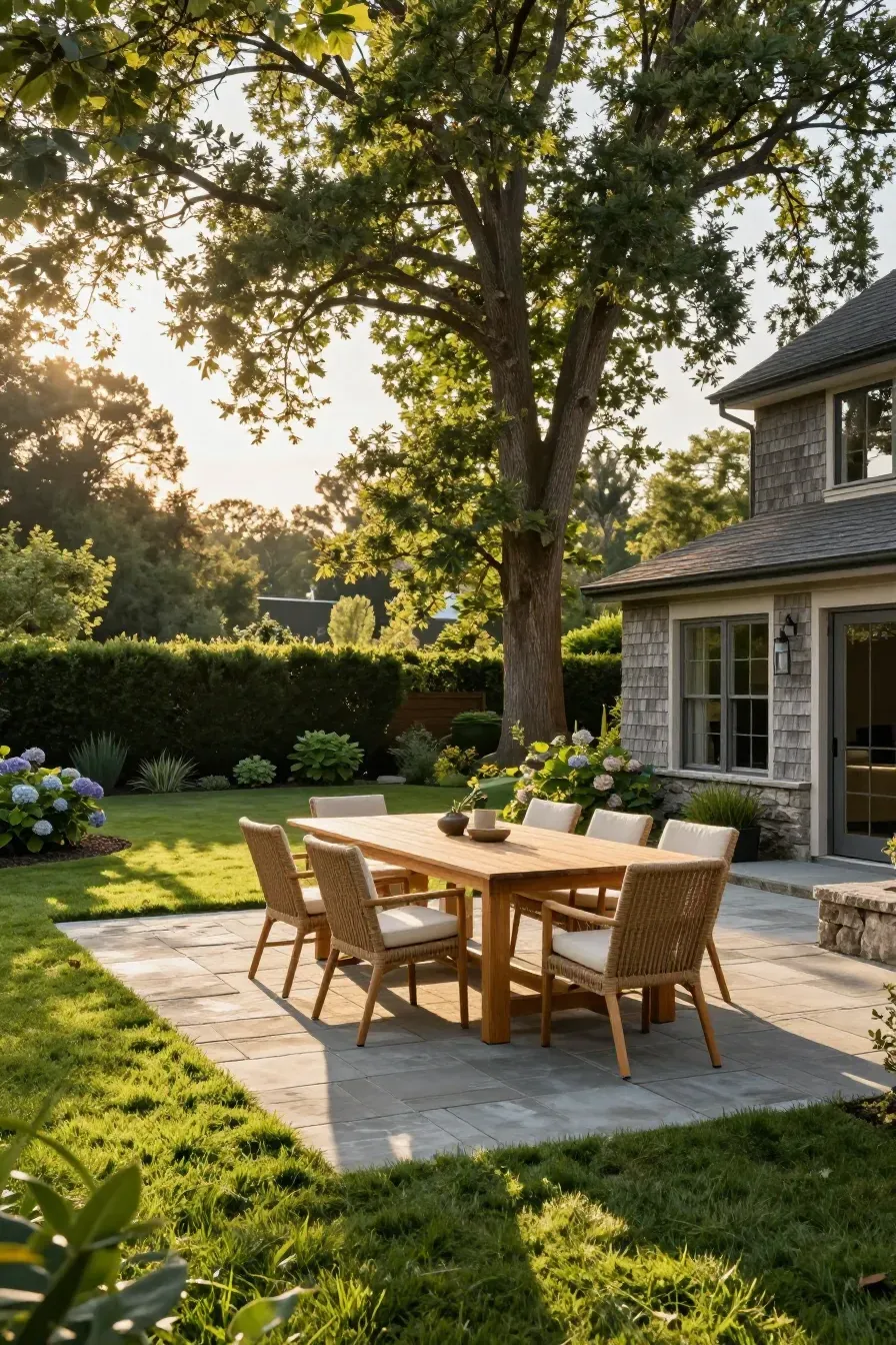 A level stone patio with a wooden dining table set in a private, sun-drenched garden.