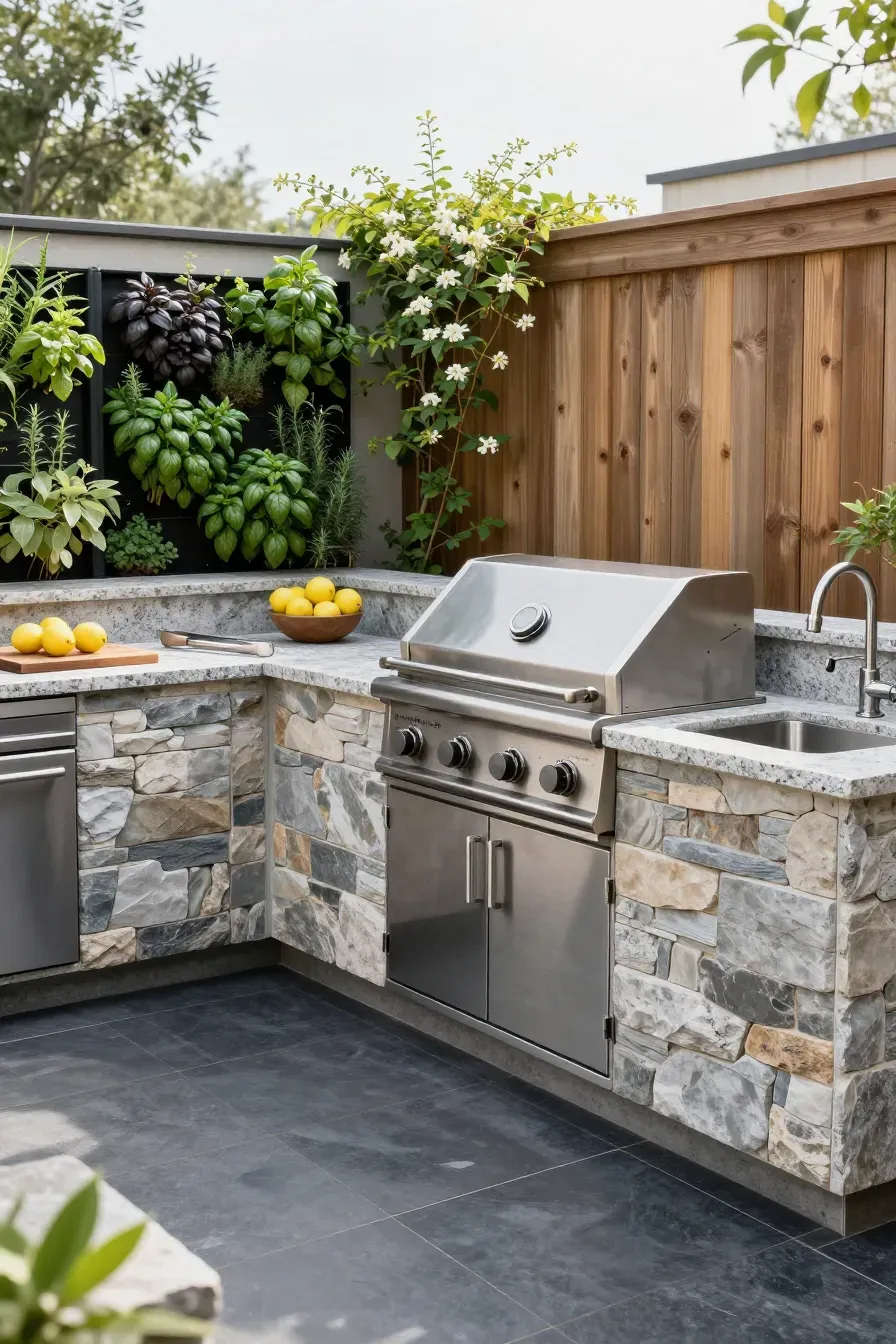 A luxury outdoor kitchen with granite countertops, stainless steel grill, and stone cabinetry.