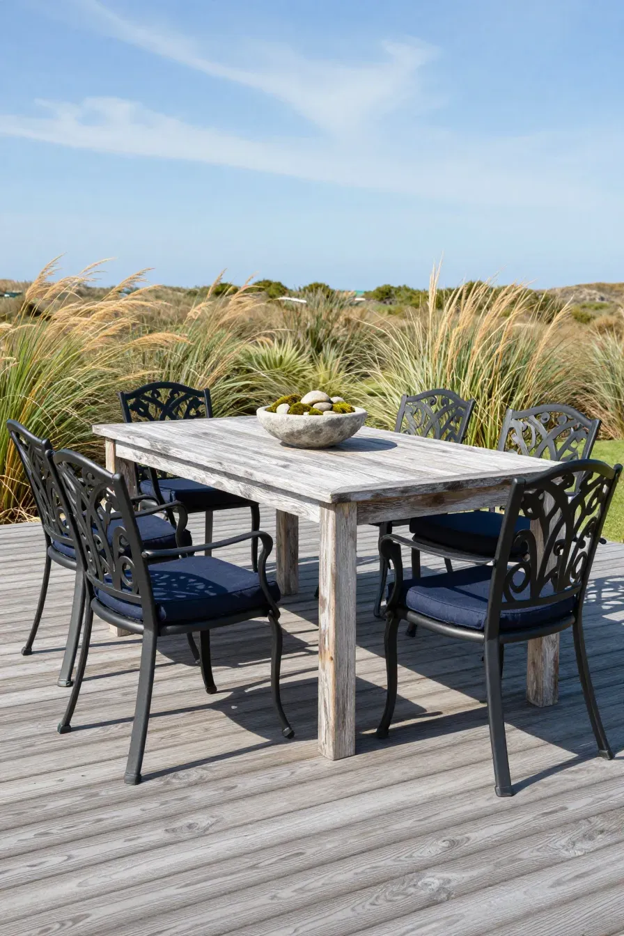 A solid teak dining table and wrought iron chairs on a wooden deck in a garden.