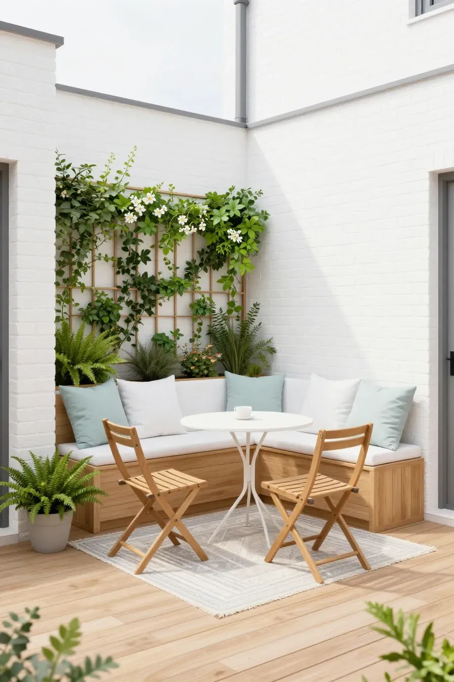 A small, cozy outdoor dining area with built-in bench seating and a vertical garden wall.