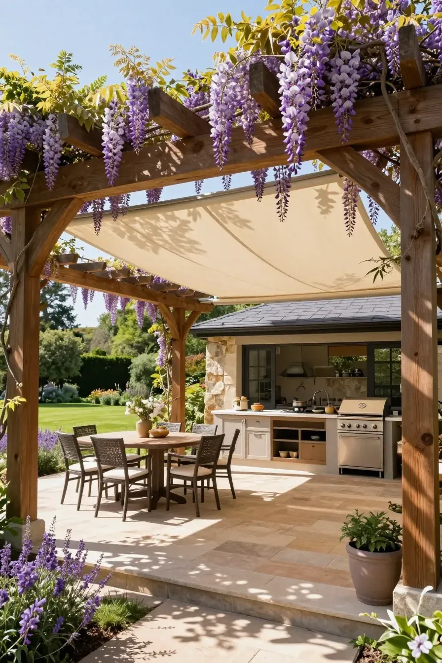 A wooden pergola with a retractable shade canopy over an outdoor dining and kitchen area.