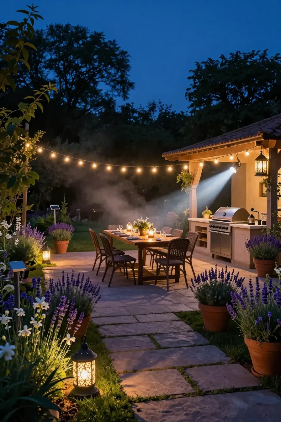 An outdoor dining area at night illuminated by string lights and lanterns, surrounded by lavender.