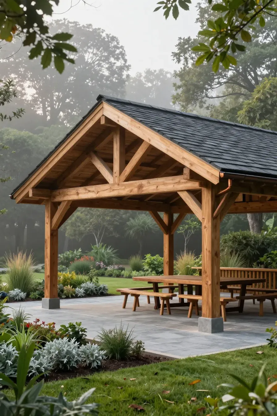 A sturdy cedar wood garden pavilion with a shingled roof over a stone patio.