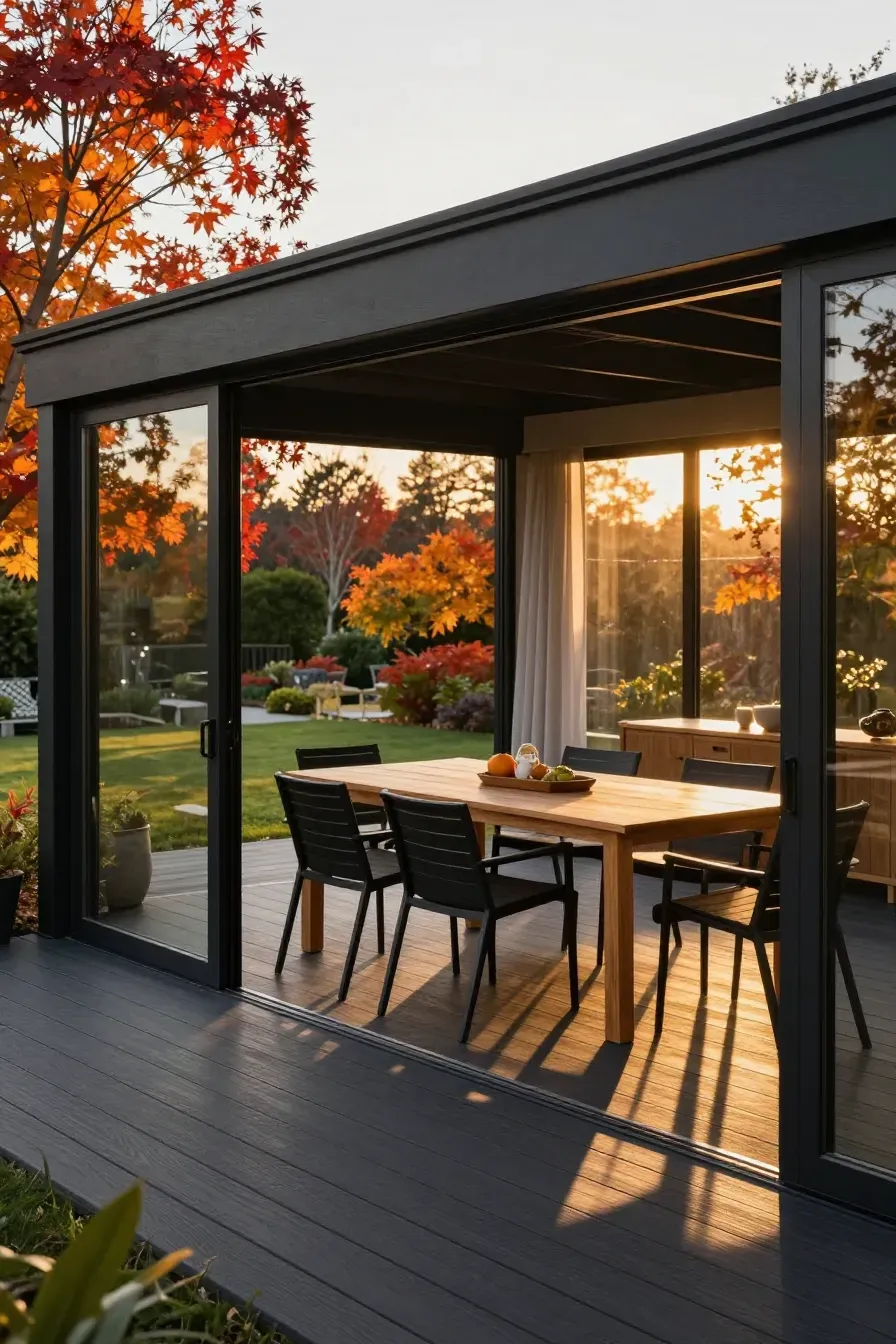A modern outdoor dining area with glass walls and a teak table on a gray deck.