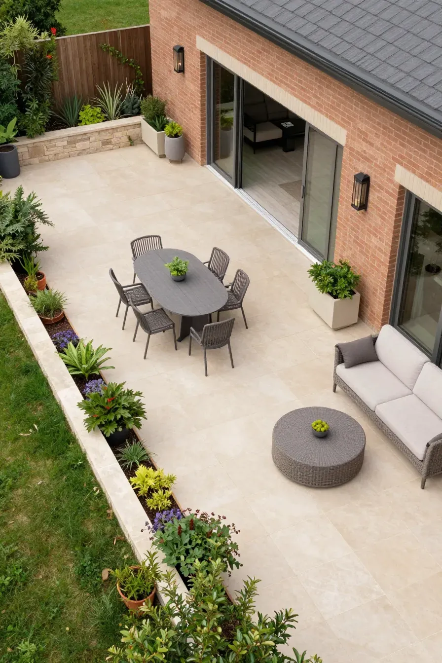 An overhead view of a garden patio with separate dining and lounging zones.