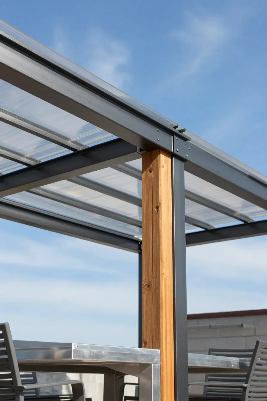 Close-up of an aluminum frame and polycarbonate roof on a garden structure.