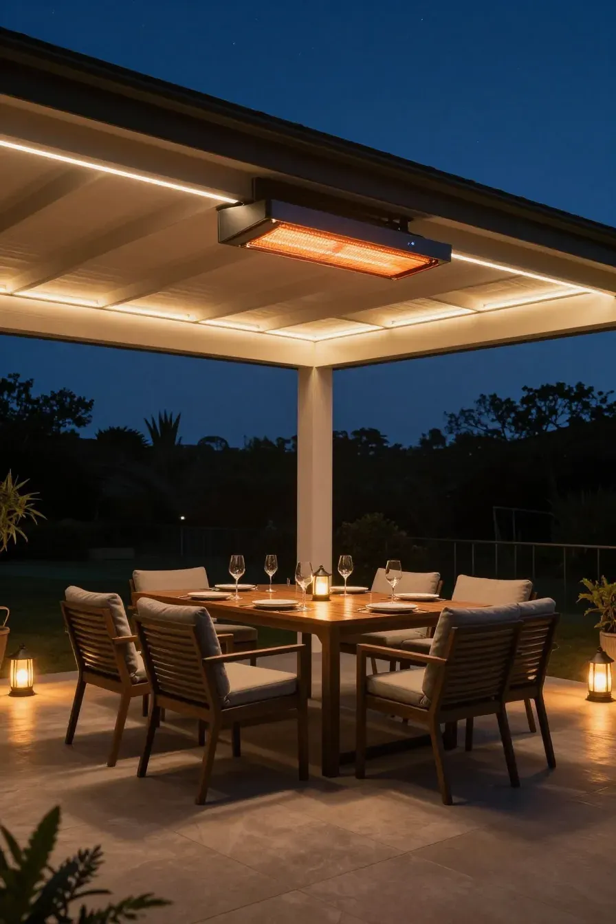 An outdoor dining area at night with warm LED lights and an infrared heater.