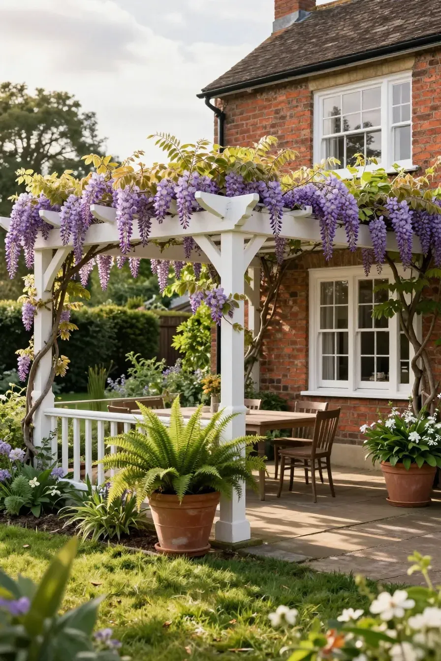 A white garden pergola covered in purple wisteria vines next to a house.